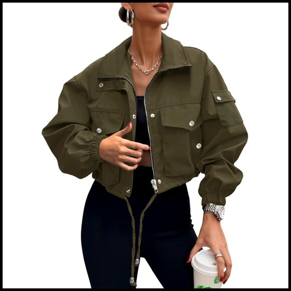 Cropped Bomber Jacket Lightweight Zip Up Utility Anorak with Pockets - Picture 1 of 7